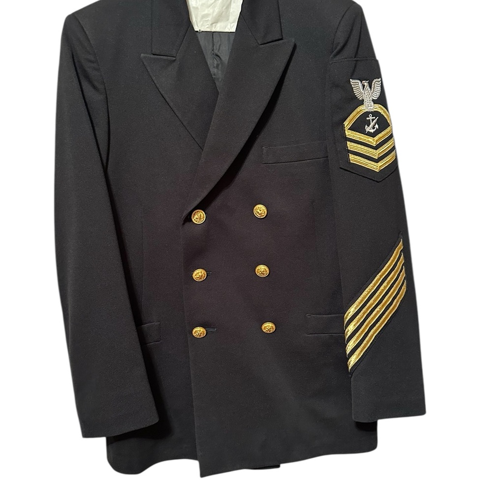 Vintage Military Men's Blue Double-Breasted Jacket with Gold Accents